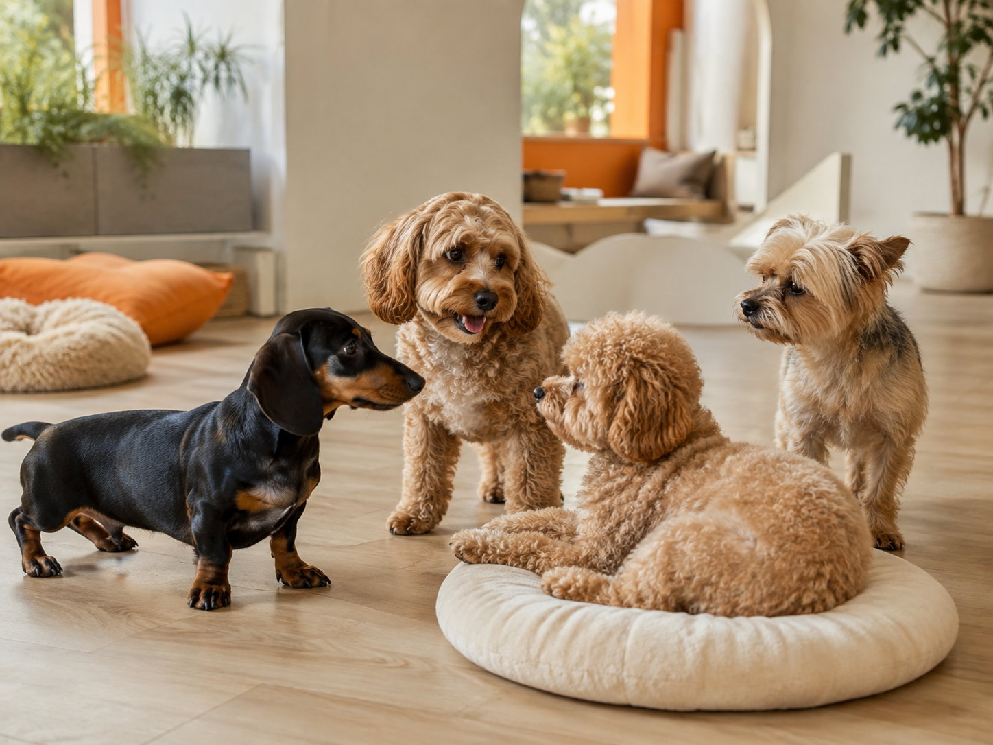A happy group of small dogs together at daycare